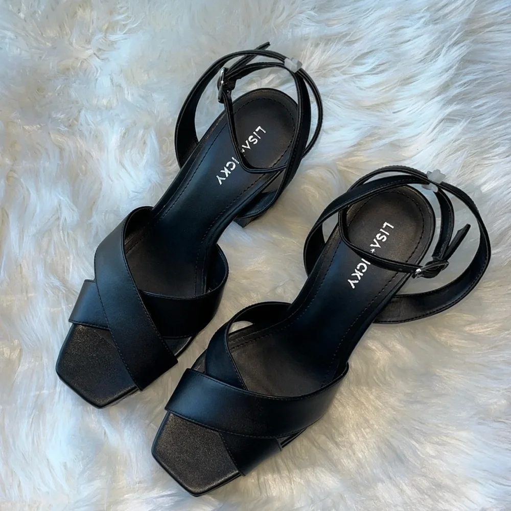 🆕 Lisa Vicky Leather Strappy Platform Heel Sandals Black Size 8